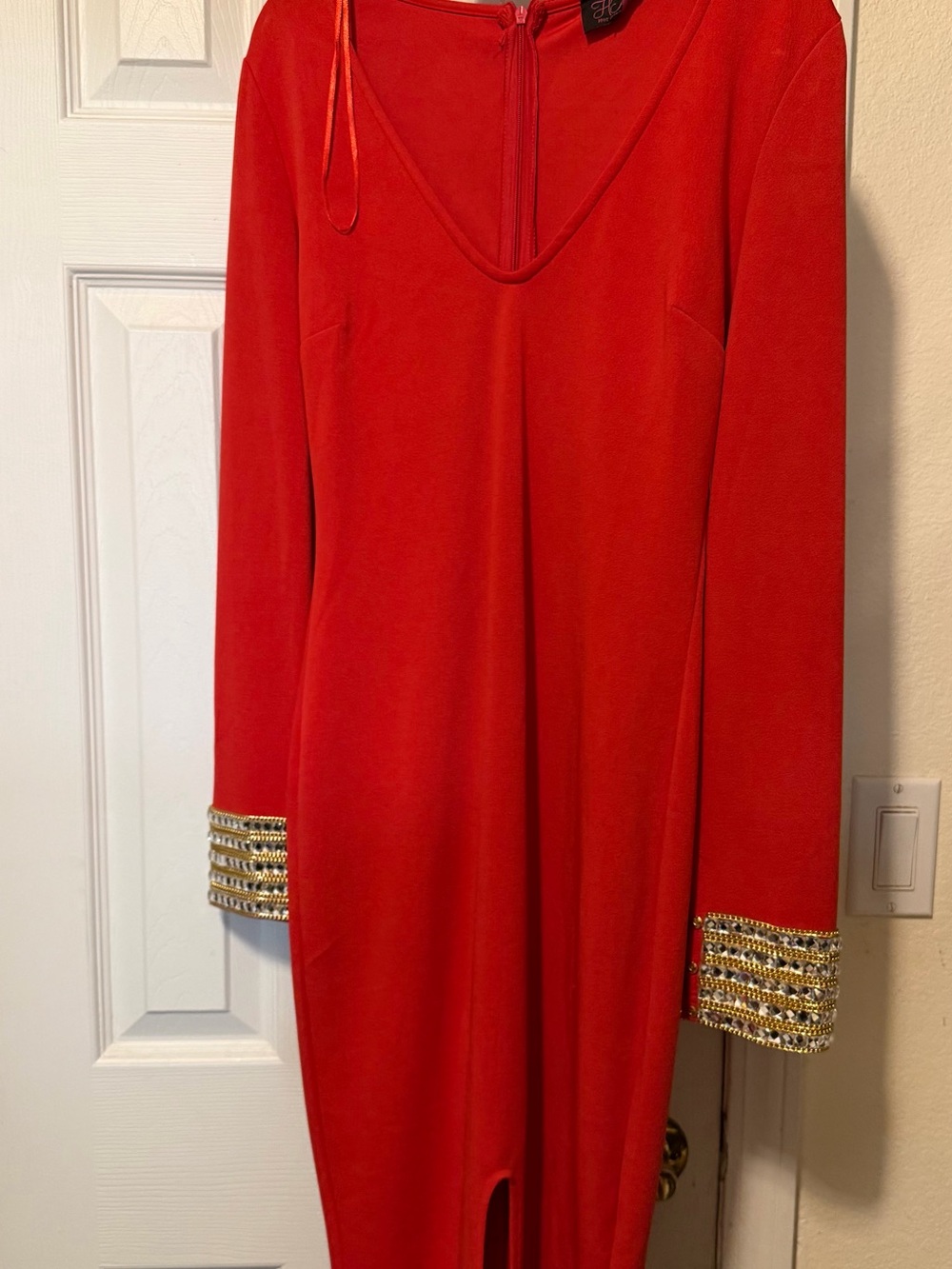 Hot Miami Styles Red Long Sleeve Dress with Gold Beaded Cuffs